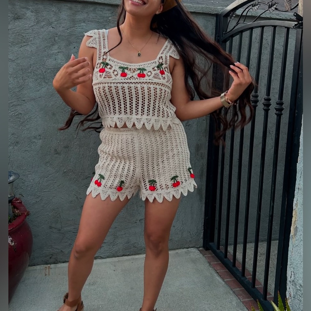 set of top and shorts with cherry amazing for summer, new with tag Size M fit S